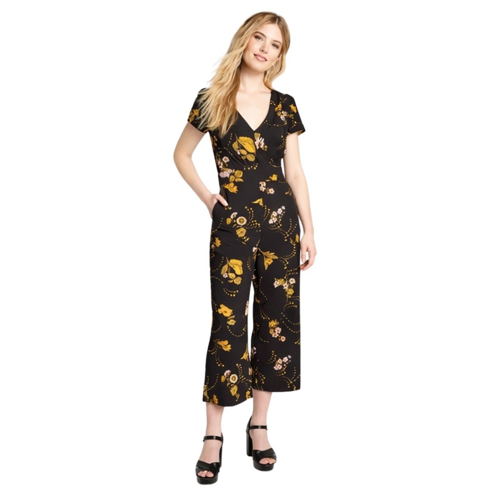 ModCloth Jumpsuit Womens Large Floral Wide Leg V-Neck Flutter‎ Sleeve Retro Boho